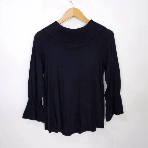 CeCe Off The Shoulder Long Sleeve Bell Cuff Sweater In Black - Picture 4 of 6